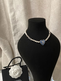 Chanel coeur bleu perle strass collier-3594  