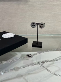 Céline noir bouton oval argent plein diamant double boucles d'oreilles C-3900  